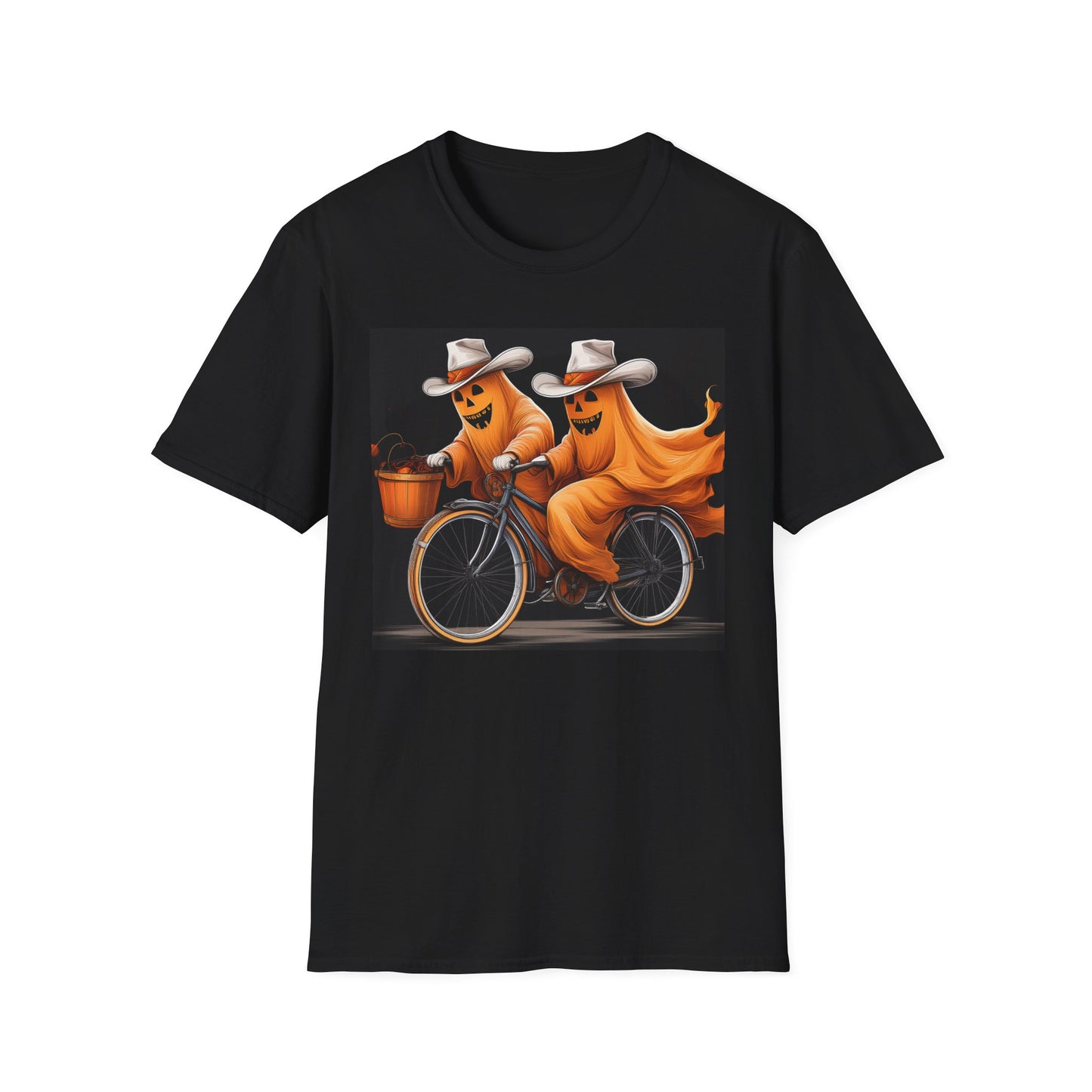 Funny cowboyGhost Bicycle T-Shirt | Halloween Tee for Kids, Unisex Festival Apparel, Ghostly Fun Wear, Spooky Season Gift
