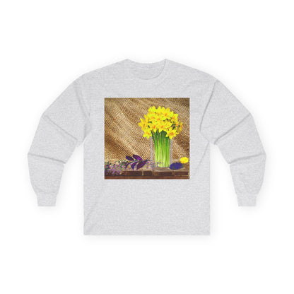 Burlap Floral Long Sleeve Tee - Perfect for Outdoor Gatherings, Gift for Garden Lovers, Spring Celebrations, Cozy Casual Wear