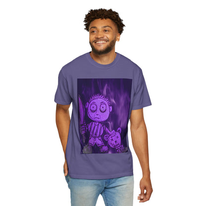 Horror Cartoon T-Shirt — Creepy Knife Kid with Broken Bunny Graphic