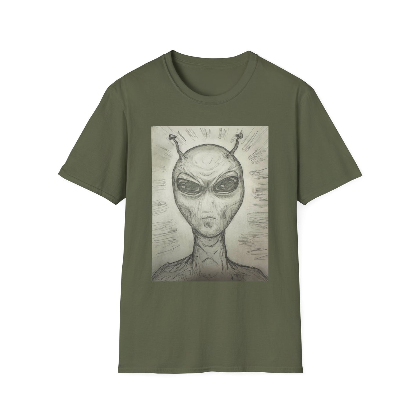 Alien Sketch B & W Unisex Softstyle T-Shirt, Casual Graphic Tee, Sci-Fi Lover Apparel, Unique Gift for UFO Enthusiasts, Everyday Wear