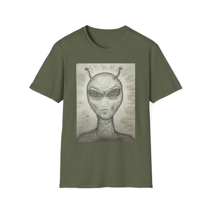 Alien Sketch B & W Unisex Softstyle T-Shirt, Casual Graphic Tee, Sci-Fi Lover Apparel, Unique Gift for UFO Enthusiasts, Everyday Wear