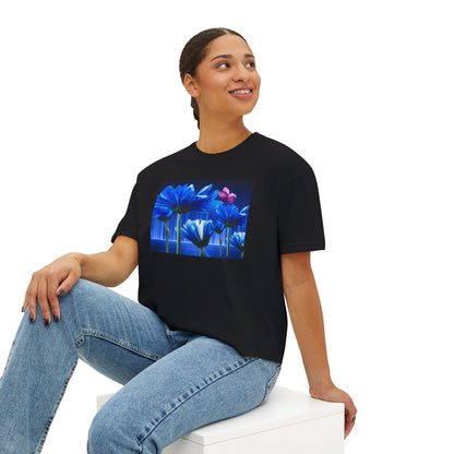 Floral Blue Flowered Backlight Women's Boxy Tee, Boho Chic Style, Perfect Summer Top, Gift for Her, Casual Cute Shirt, Nature-Inspired Apparel