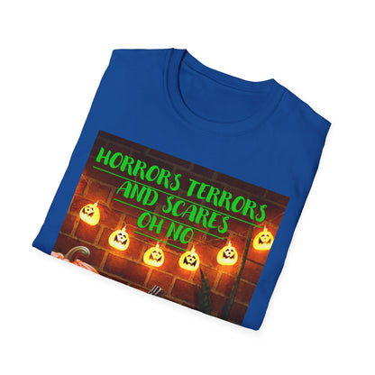Halloween T-Shirt with Scary Pumpkins and string lights - Horror, Terrors and Scares Oh No