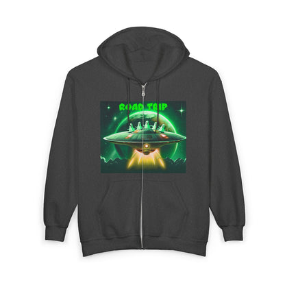 UFO Road Trip Hoodie, Unisex Zip Hoodie, Sci-Fi Sweatshirt, Alien Themed Apparel, Cool Graphic Hoodie, Gift for UFO Lovers