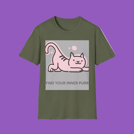 Cute Cat & Yoga Themed T-Shirt, Unisex Softstyle Tee, Find Your Inner Purr,