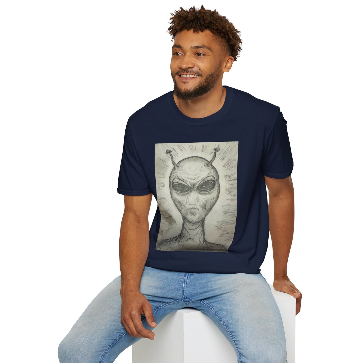 Alien Sketch B & W Unisex Softstyle T-Shirt, Casual Graphic Tee, Sci-Fi Lover Apparel, Unique Gift for UFO Enthusiasts, Everyday Wear