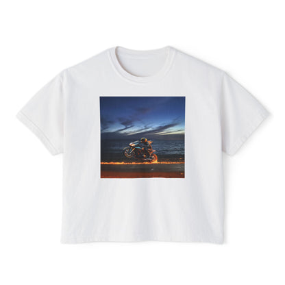 Women's Boxy Tee Fire Wheelie  Ocean Sunset Design, Relaxed Fit T-Shirt, Perfect for Casual Wear, Summer Vibe, Beach Day Gift