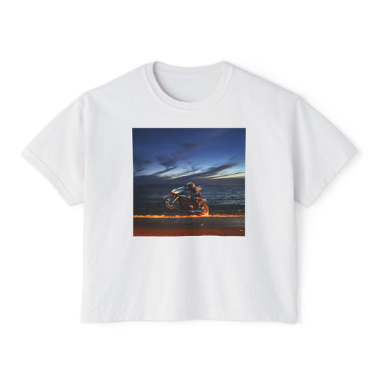 Women's Boxy Tee Fire Wheelie  Ocean Sunset Design, Relaxed Fit T-Shirt, Perfect for Casual Wear, Summer Vibe, Beach Day Gift