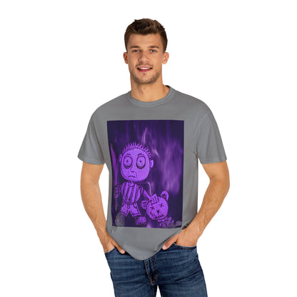 Horror Cartoon T-Shirt — Creepy Knife Kid with Broken Bunny Graphic