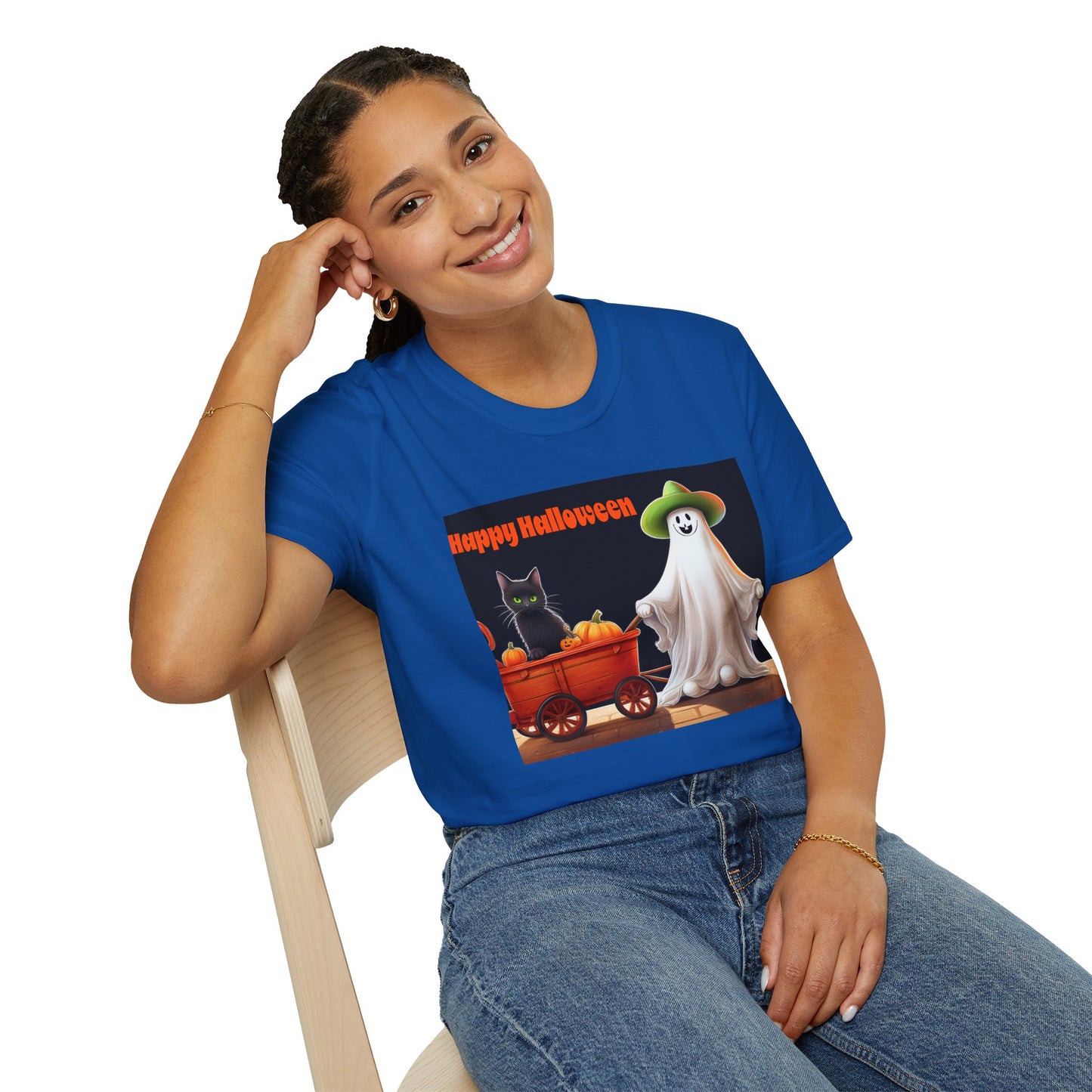Halloween Ghost with wagon t-Shirt, trick or treating  Funny Halloween Tee, Unisex Casual Shirt, Cute Halloween Costume, Spooky Holiday Apparel