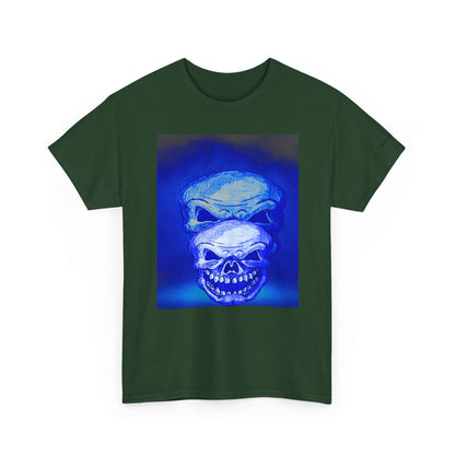 Skull Double Exposure Tee — Neon Blue Horror Graphic T-Shirt