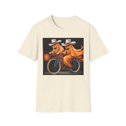 Funny cowboyGhost Bicycle T-Shirt | Halloween Tee for Kids, Unisex Festival Apparel, Ghostly Fun Wear, Spooky Season Gift