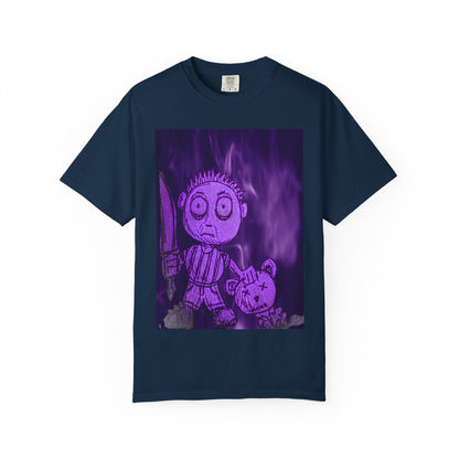 Horror Cartoon T-Shirt — Creepy Knife Kid with Broken Bunny Graphic