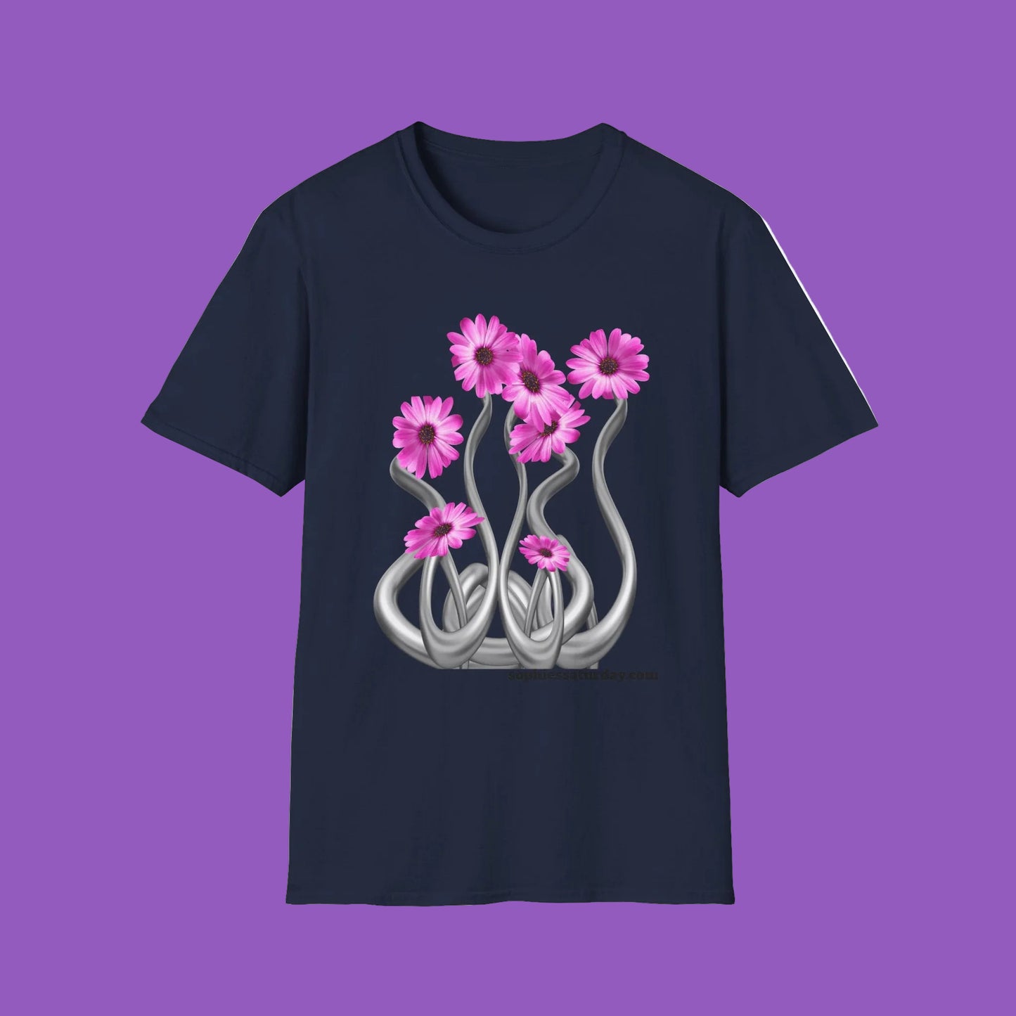 Floral Metal Futuristic Twist T‑Shirt — Pink Daisy Vine Graphic Tee