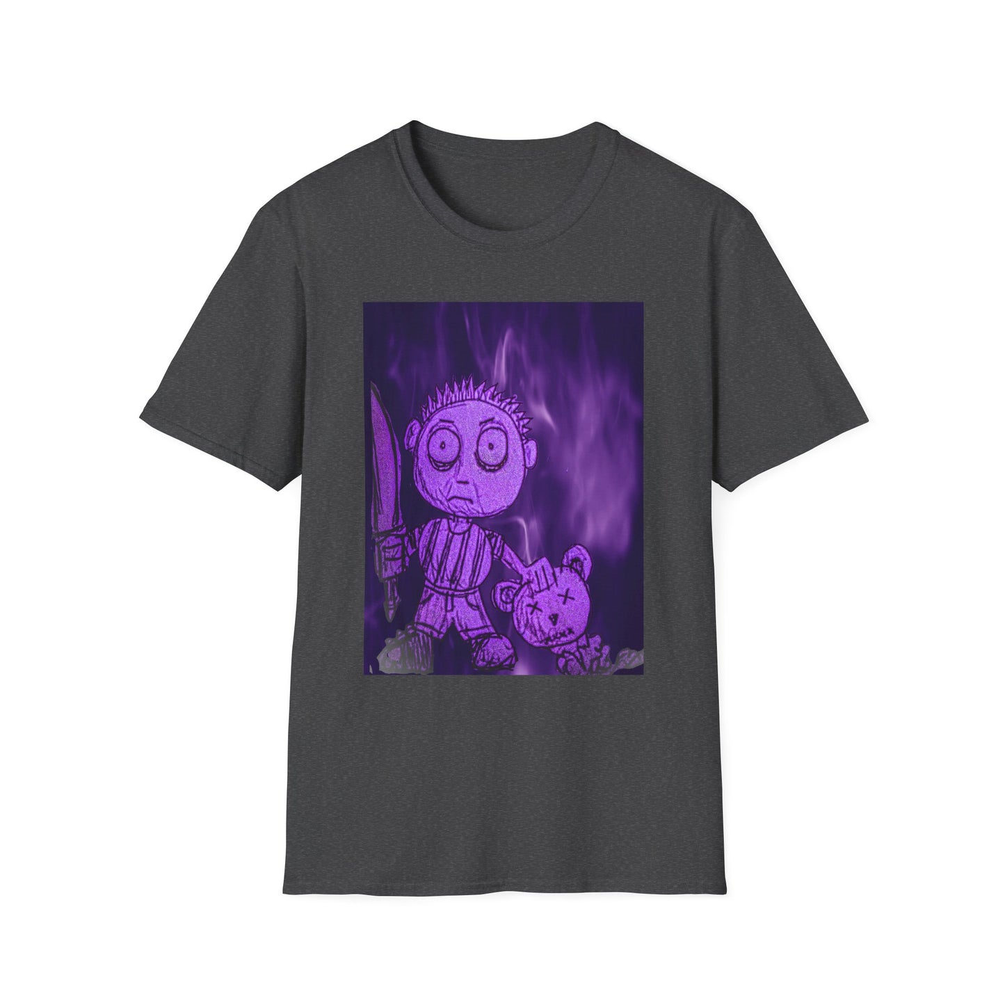 Gothic Purple Cartoon Horror Tee — Knife Kid with Teddy Graphic T-Shirt