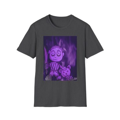 Gothic Purple Cartoon Horror Tee — Knife Kid with Teddy Graphic T-Shirt
