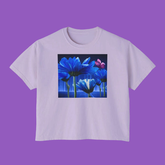 Floral Blue Flowered Backlight Boxy Tee, Boho