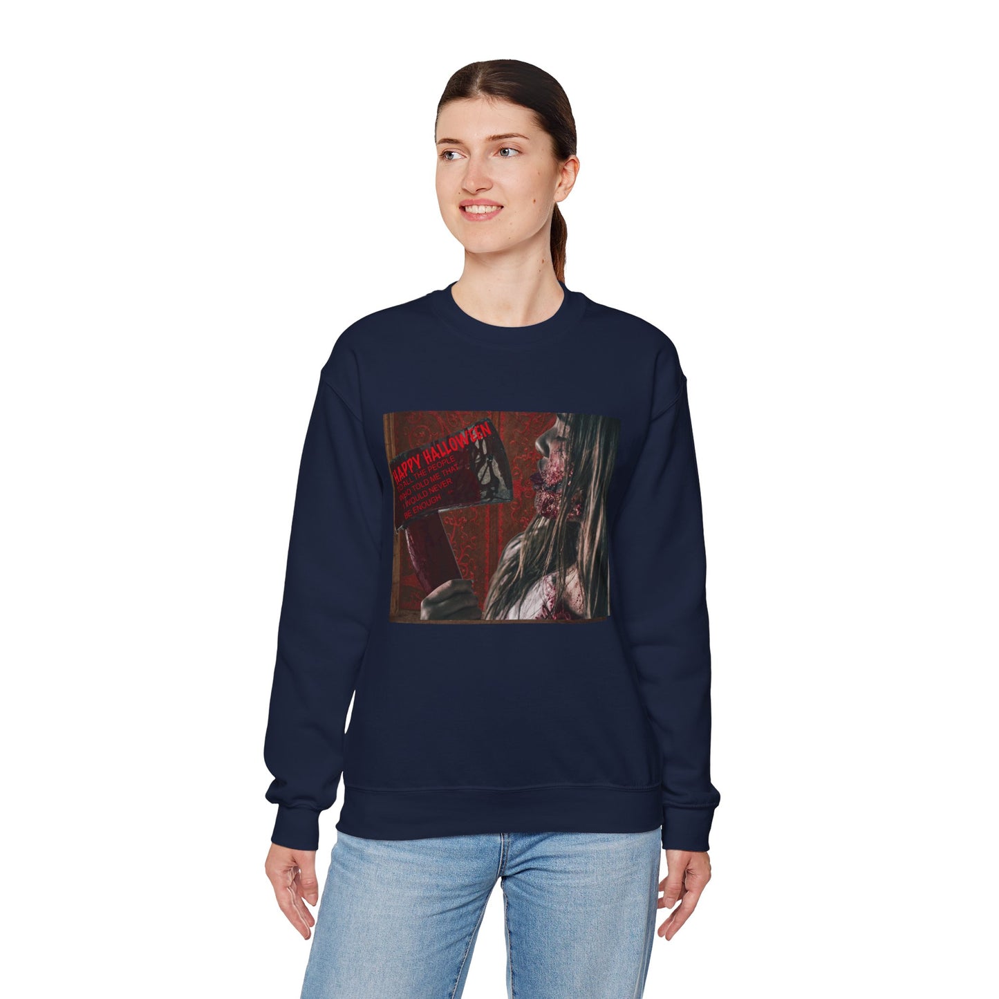 Halloween Horror Girl with Axe Sweatshirt, Unisex Crewneck, Horror Movie Fan Apparel, Halloween Costume Layering