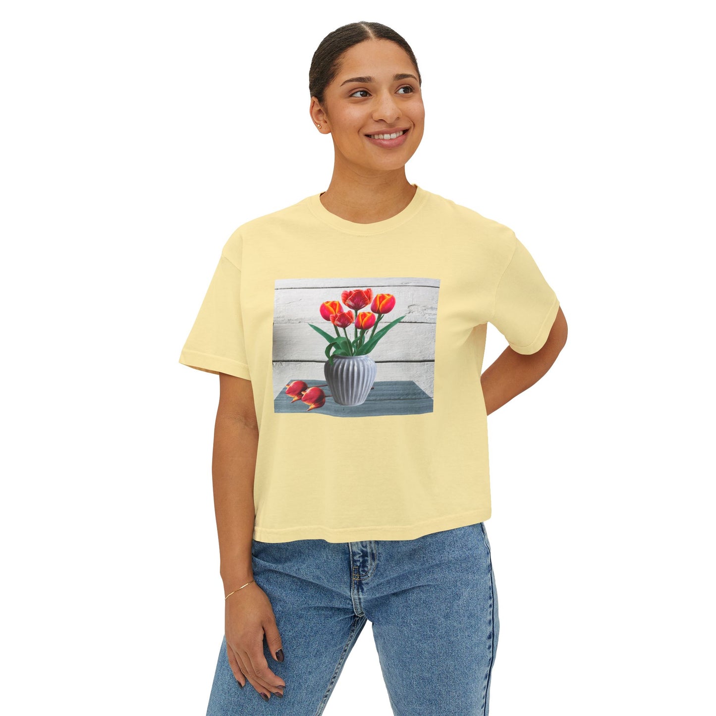 Floral Country Tulips Women's Boxy Tee - Cute Spring Top, Casual Wear, Gift for Her, Garden Lovers, Everyday Style
