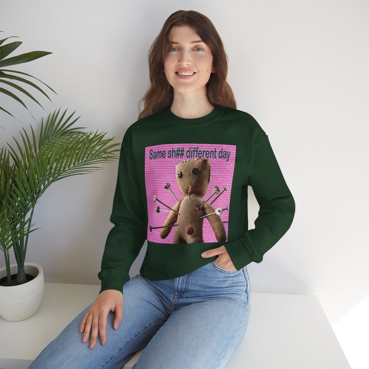 Voodoo Doll Funny Graphic Crewneck Sweatshirt, Casual Everyday Wear, Perfect Gift for Friends & Family, Humor, Quirky Style, Unisex