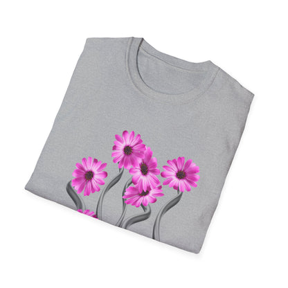 Floral Metal Futuristic Twist T‑Shirt — Pink Daisy Vine Graphic Tee