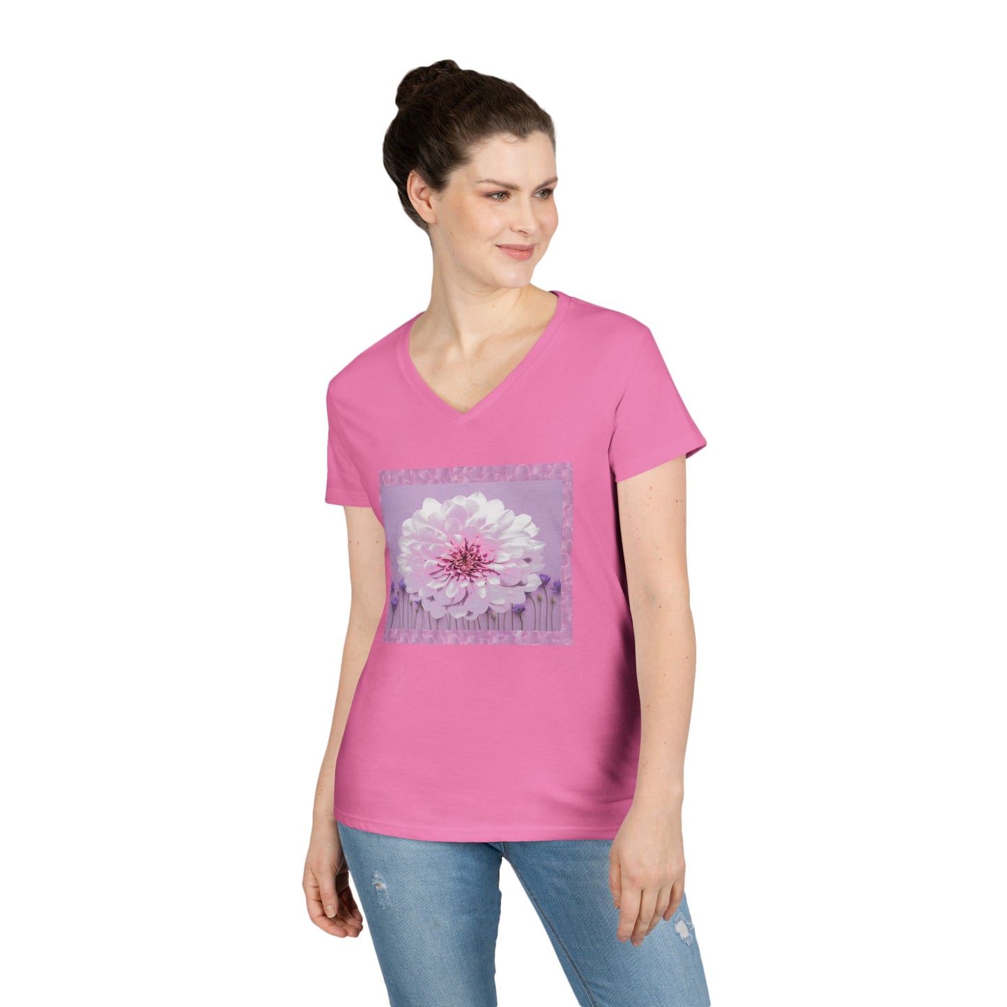 Floral V-Neck Tee — 'Sophie's Saturday' Pink Blossom Graphic