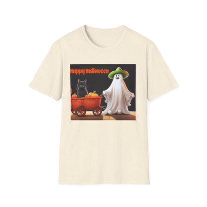 Halloween Ghost with wagon t-Shirt, trick or treating  Funny Halloween Tee, Unisex Casual Shirt, Cute Halloween Costume, Spooky Holiday Apparel