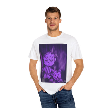 Horror Cartoon T-Shirt — Creepy Knife Kid with Broken Bunny Graphic