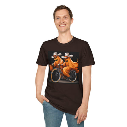 Funny cowboyGhost Bicycle T-Shirt | Halloween Tee for Kids, Unisex Festival Apparel, Ghostly Fun Wear, Spooky Season Gift