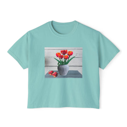 Floral Country Tulips Women's Boxy Tee - Cute Spring Top, Casual Wear, Gift for Her, Garden Lovers, Everyday Style