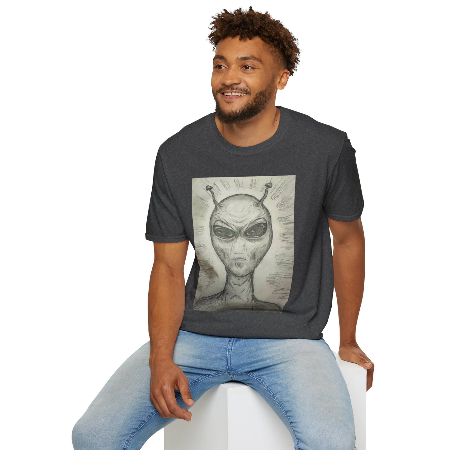 Alien Sketch B & W Unisex Softstyle T-Shirt, Casual Graphic Tee, Sci-Fi Lover Apparel, Unique Gift for UFO Enthusiasts, Everyday Wear