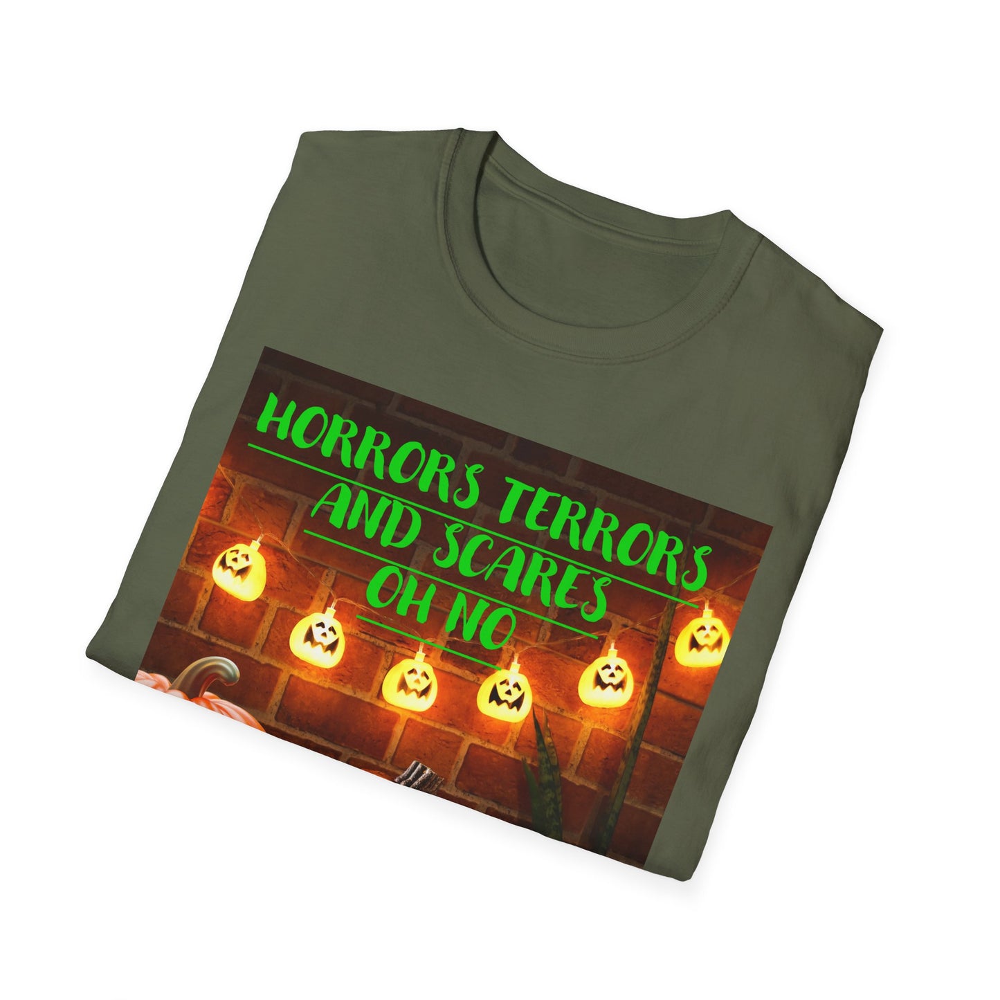 Halloween T-Shirt with Scary Pumpkins and string lights - Horror, Terrors and Scares Oh No