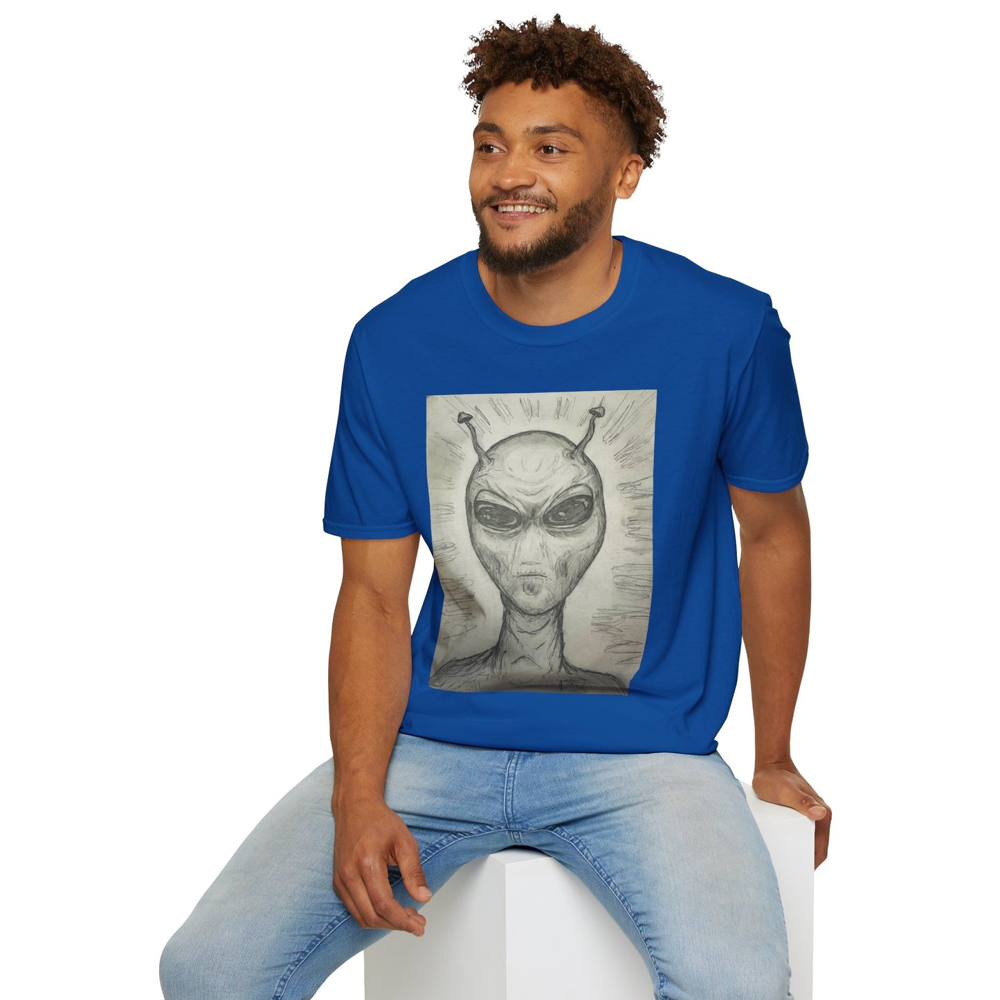Alien Sketch B & W Unisex Softstyle T-Shirt, Casual Graphic Tee, Sci-Fi Lover Apparel, Unique Gift for UFO Enthusiasts, Everyday Wear