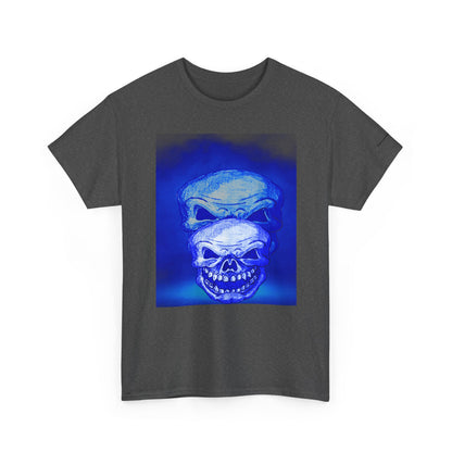 Skull Double Exposure Tee — Neon Blue Horror Graphic T-Shirt