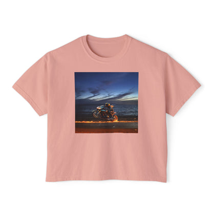 Women's Boxy Tee Fire Wheelie  Ocean Sunset Design, Relaxed Fit T-Shirt, Perfect for Casual Wear, Summer Vibe, Beach Day Gift
