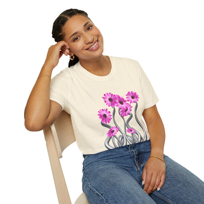 Floral Metal Futuristic Twist T‑Shirt — Pink Daisy Vine Graphic Tee