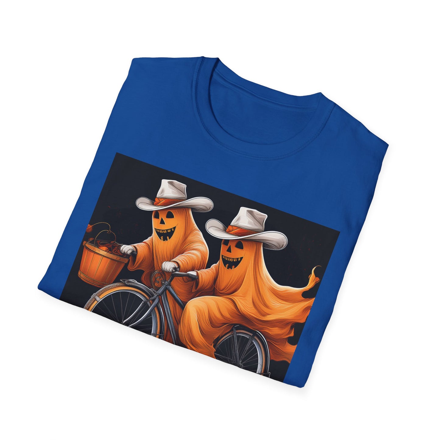 Funny cowboyGhost Bicycle T-Shirt | Halloween Tee for Kids, Unisex Festival Apparel, Ghostly Fun Wear, Spooky Season Gift