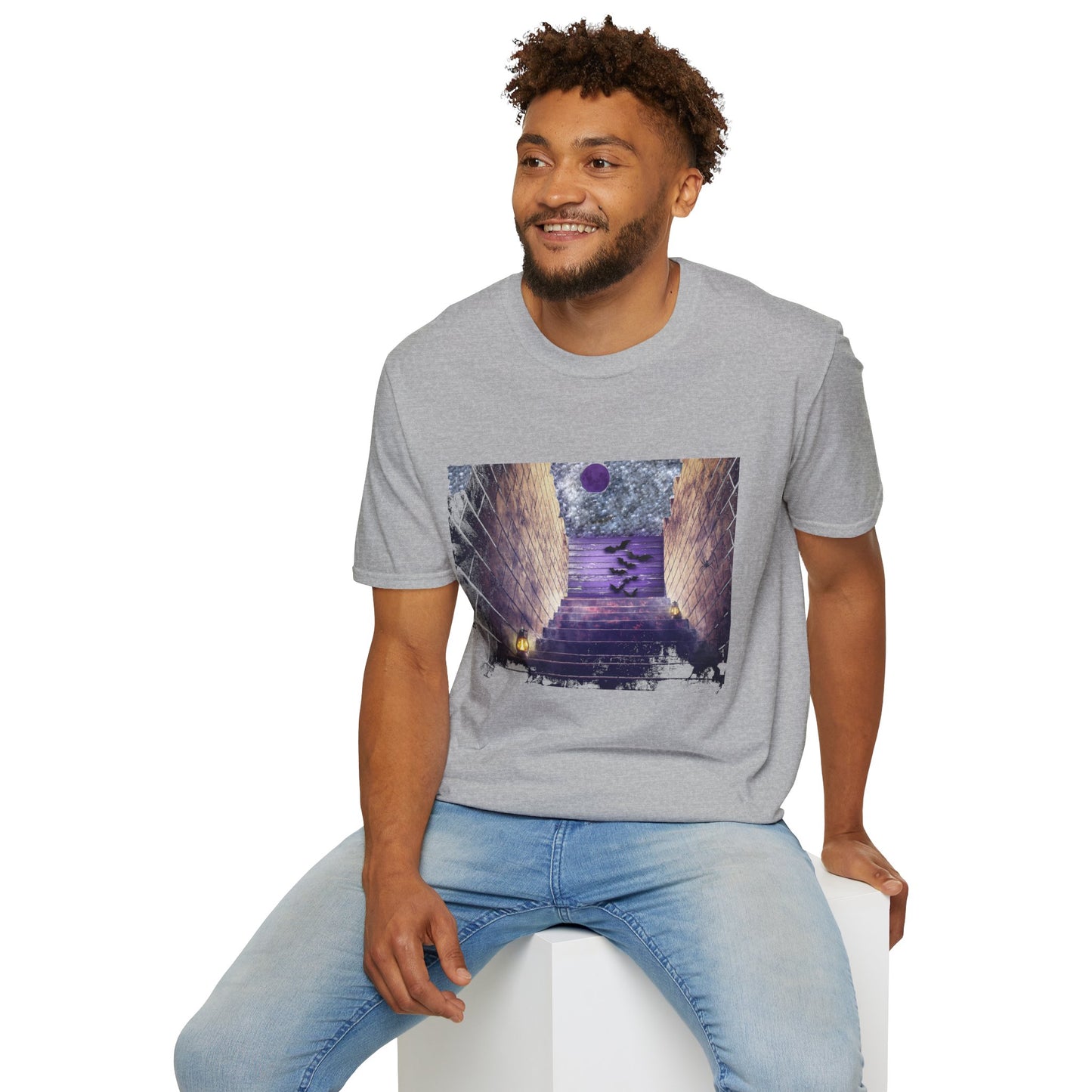 Mystical Stairway Bats Unisex T-Shirt - Softstyle Tee for Dreamers, Perfect for Gifting, Spiritual Occasions, Casual Wear, Art Lovers, [...]