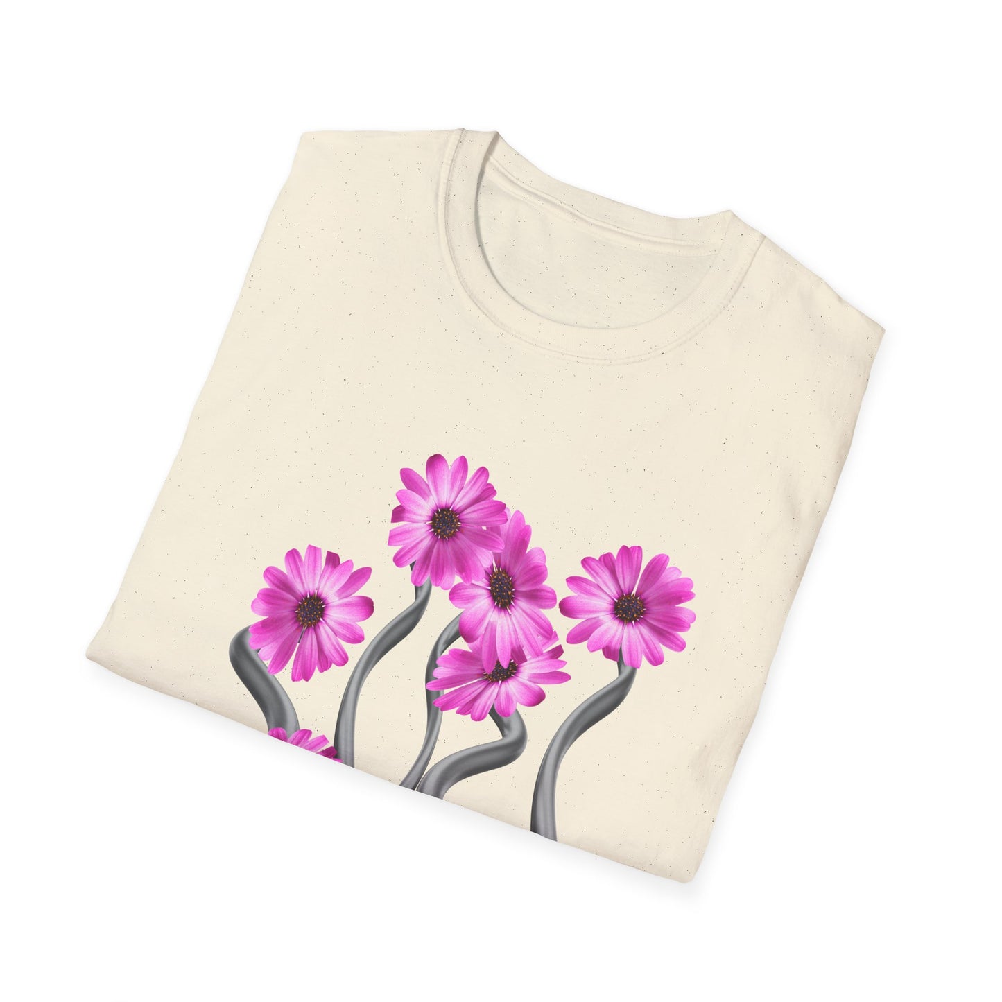 Floral Metal Futuristic Twist T‑Shirt — Pink Daisy Vine Graphic Tee