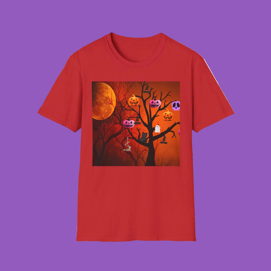 Halloween Pumpkin Tree T-Shirt, Unisex Softstyle Tee for Halloween, Spooky Vibe