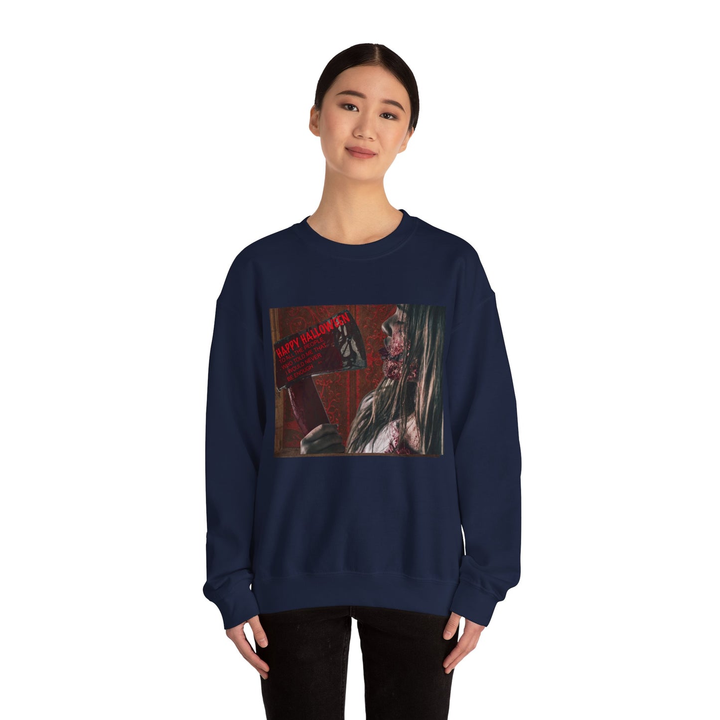 Halloween Horror Girl with Axe Sweatshirt, Unisex Crewneck, Horror Movie Fan Apparel, Halloween Costume Layering