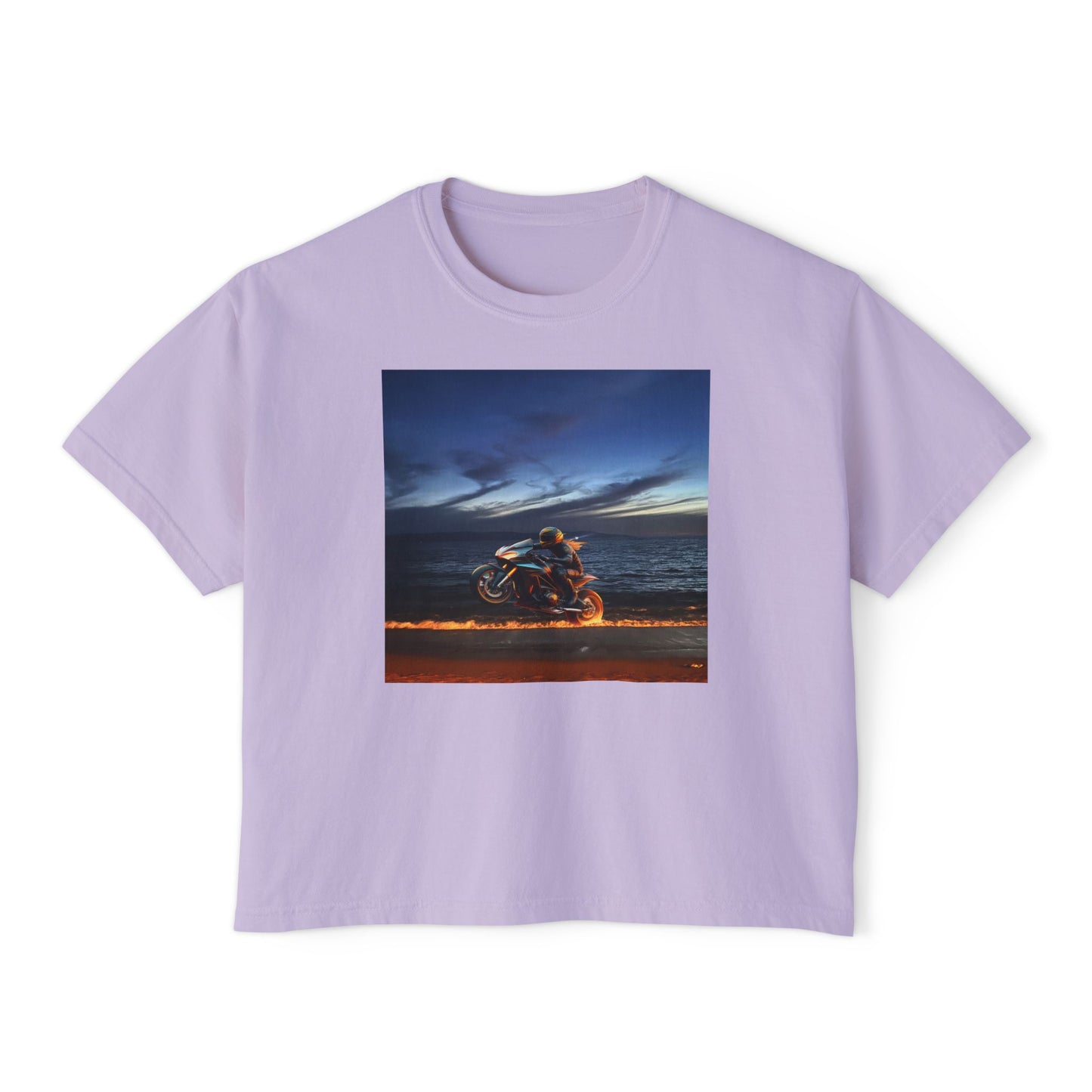 Women's Boxy Tee Fire Wheelie  Ocean Sunset Design, Relaxed Fit T-Shirt, Perfect for Casual Wear, Summer Vibe, Beach Day Gift