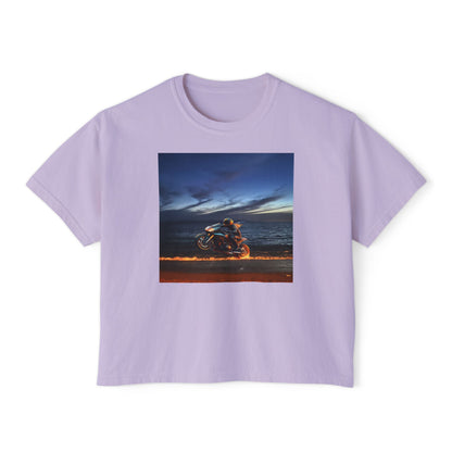 Women's Boxy Tee Fire Wheelie  Ocean Sunset Design, Relaxed Fit T-Shirt, Perfect for Casual Wear, Summer Vibe, Beach Day Gift