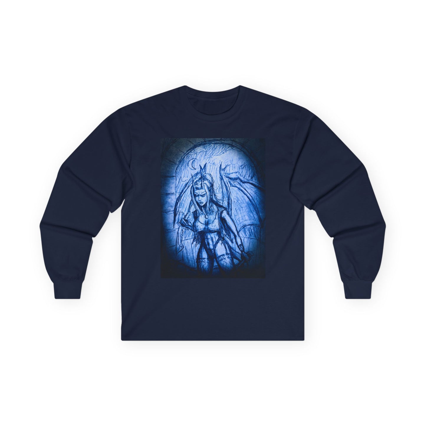 Gothic Demon Art Long Sleeve Tee — Blue Gothic Illustration