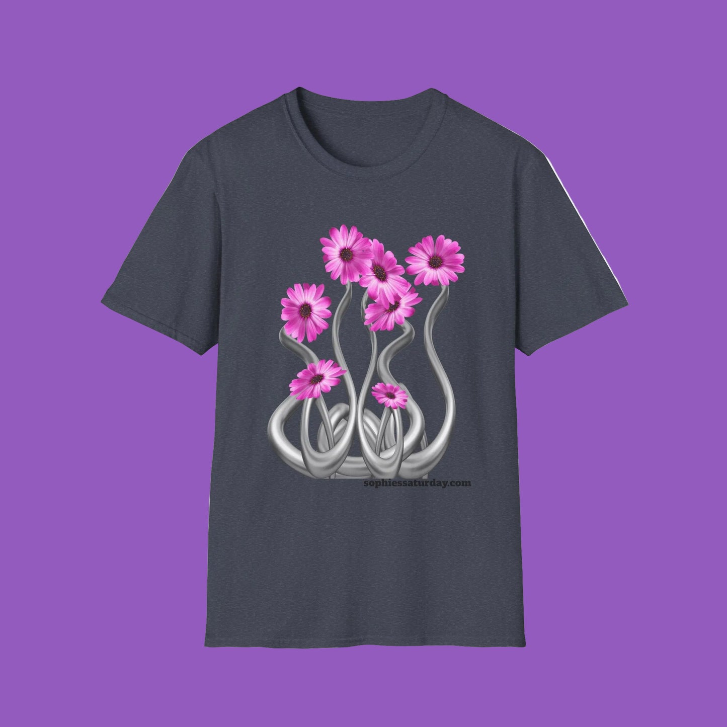 Floral Metal Futuristic Twist T‑Shirt — Pink Daisy Vine Graphic Tee
