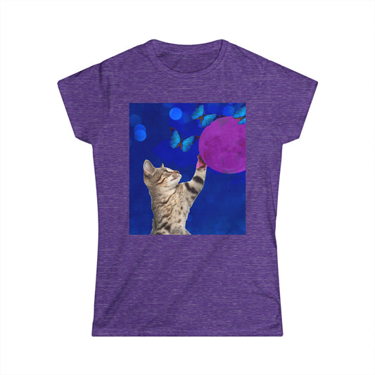 Playful tabby reaches for pink moon Women's Softstyle Tee