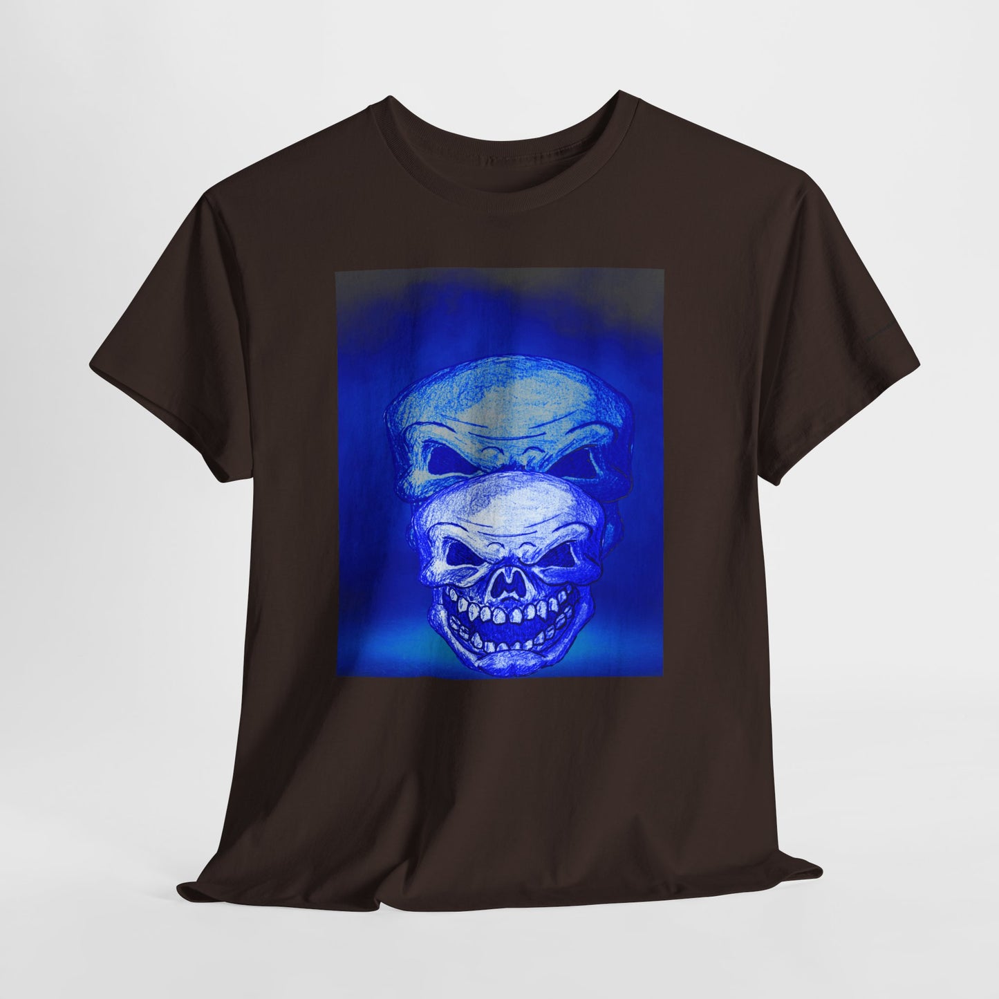 Skull Double Exposure Tee — Neon Blue Horror Graphic T-Shirt