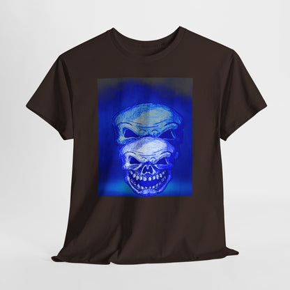 Skull Double Exposure Tee — Neon Blue Horror Graphic T-Shirt