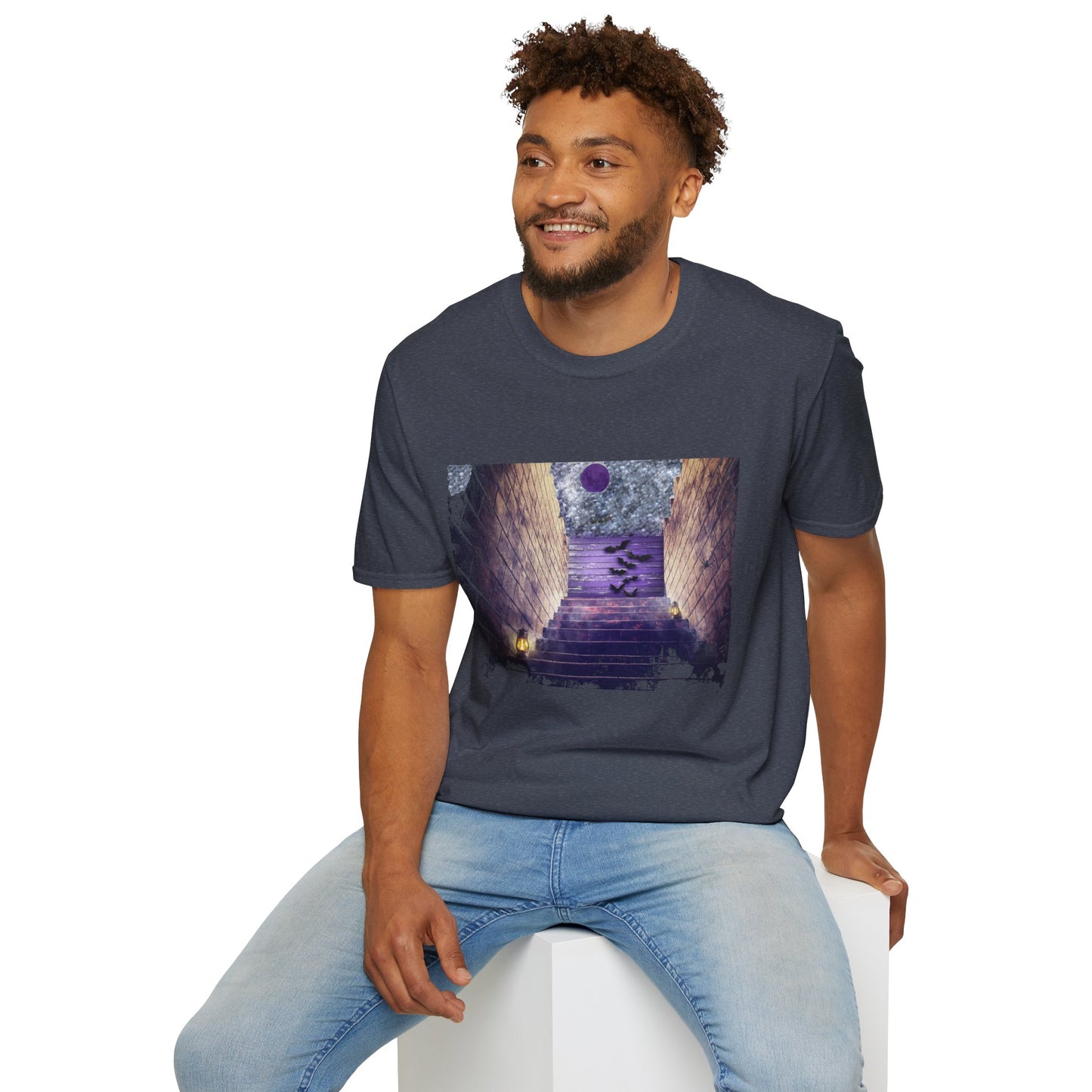 Mystical Stairway Bats Unisex T-Shirt - Softstyle Tee for Dreamers, Perfect for Gifting, Spiritual Occasions, Casual Wear, Art Lovers, [...]