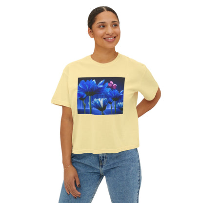 Floral Blue Flowered Backlight Women's Boxy Tee, Boho Chic Style, Perfect Summer Top, Gift for Her, Casual Cute Shirt, Nature-Inspired Apparel